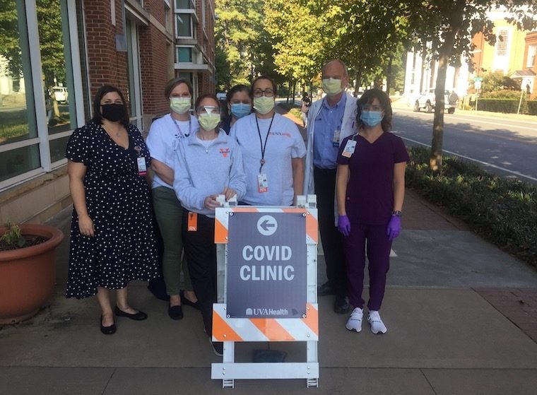 The COVID-19 study team included Bridgette Arlook (from left), Christy Breeden, Rebecca Wade, Crystal Reed, Jennifer Pinnata, William A. Petri Jr. and Andrea Stanley.