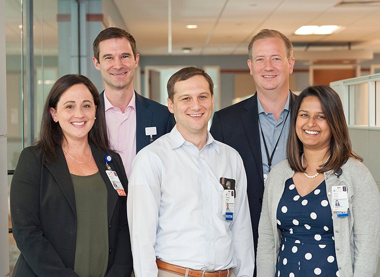 Photo showing Dr. Meghan Mattos, Dr. Nicholas Brenton, Thomas Hartka, Dr. Andrew Schomer, and Dr. Sana Syed