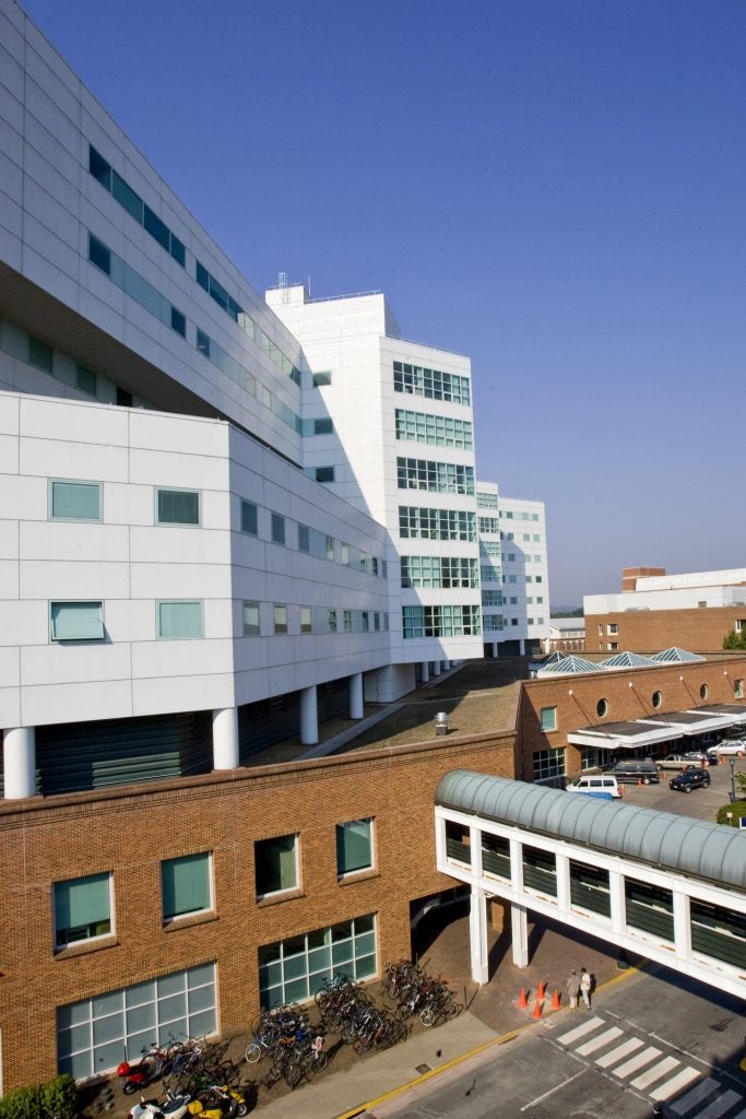 Photo showing exterior of UVA hospital