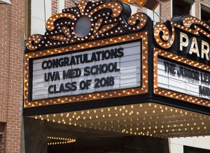 Congratulation message on historic Paramount Theater Marquee.
