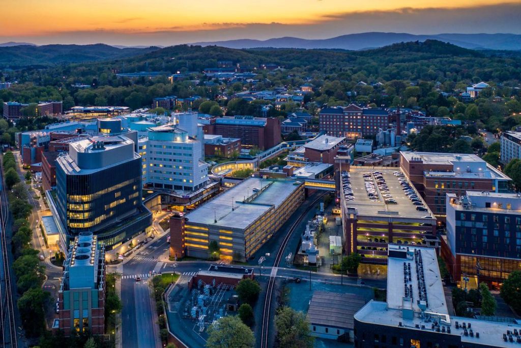 UVA Medical Center aerial photo at sunset
