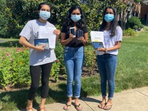 Left to right, UVA students Anika Iyer, Rachana Subbanna and Tanvi Nallanagula dropped off devices at the Charlottesville Free Clinic over the weekend. (Contributed photo)