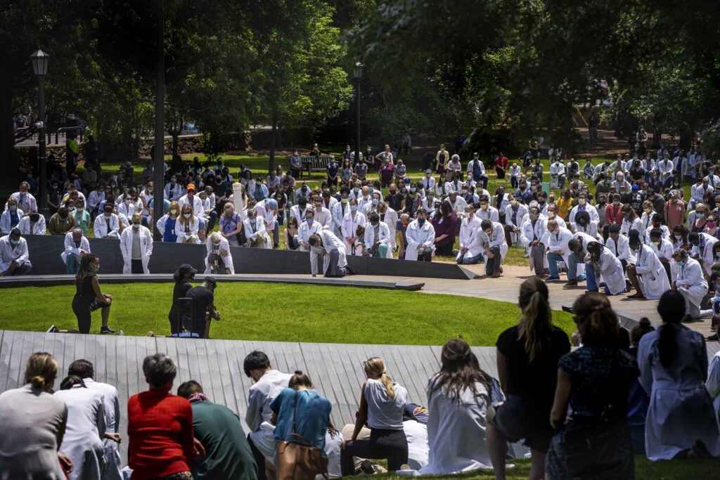 A crowd gathered June 5 at UVA’s Memorial to Enslaved Laborers to protest George Floyd’s death at the hands of Minneapolis police and raise awareness of broader issues of racism and inequality. (Photo by Sanjay Suchak, University Communications)