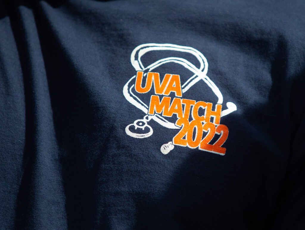 UVA School of Medicine, MD Program Match Day Celebrations 2022 showing match day t-shirt