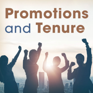 Promotion and tenure sign with people rejoicing