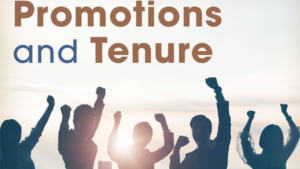 Promotion and tenure sign with people rejoicing