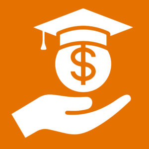 graphic image of grad hat, dollar sign and hand