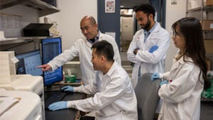 Jie Sun, PhD, points out important data to members of his lab team as they work to understand the causes of persistent COVID-19 lung problems.