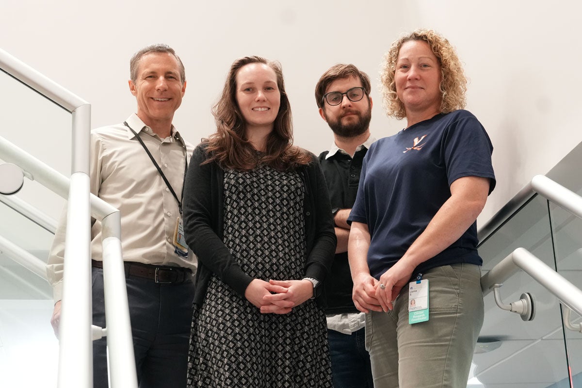 (From left) Mark DeBoer, Principal Investigator; Dillon Flanagan, Data Operations Specialist; David Fulkerson, Data Analyst; and Lianna Smith, Clinical Research Coordinator. Not pictured: Marc Breton, co-Principal Investigator.