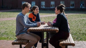 People sitting at picnic table.