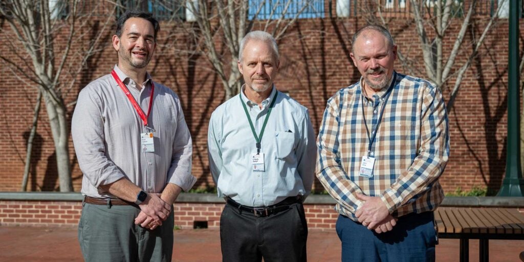 (From left) Brant Isakson, PhD, Professor of Molecular Physiology and Biological Physics; Randy Speight, Director of Capital and Facilities Planning; and Jason Snow, Facility Assistant Manager