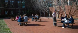 People sitting at picnic tables in MR5 courtyard.