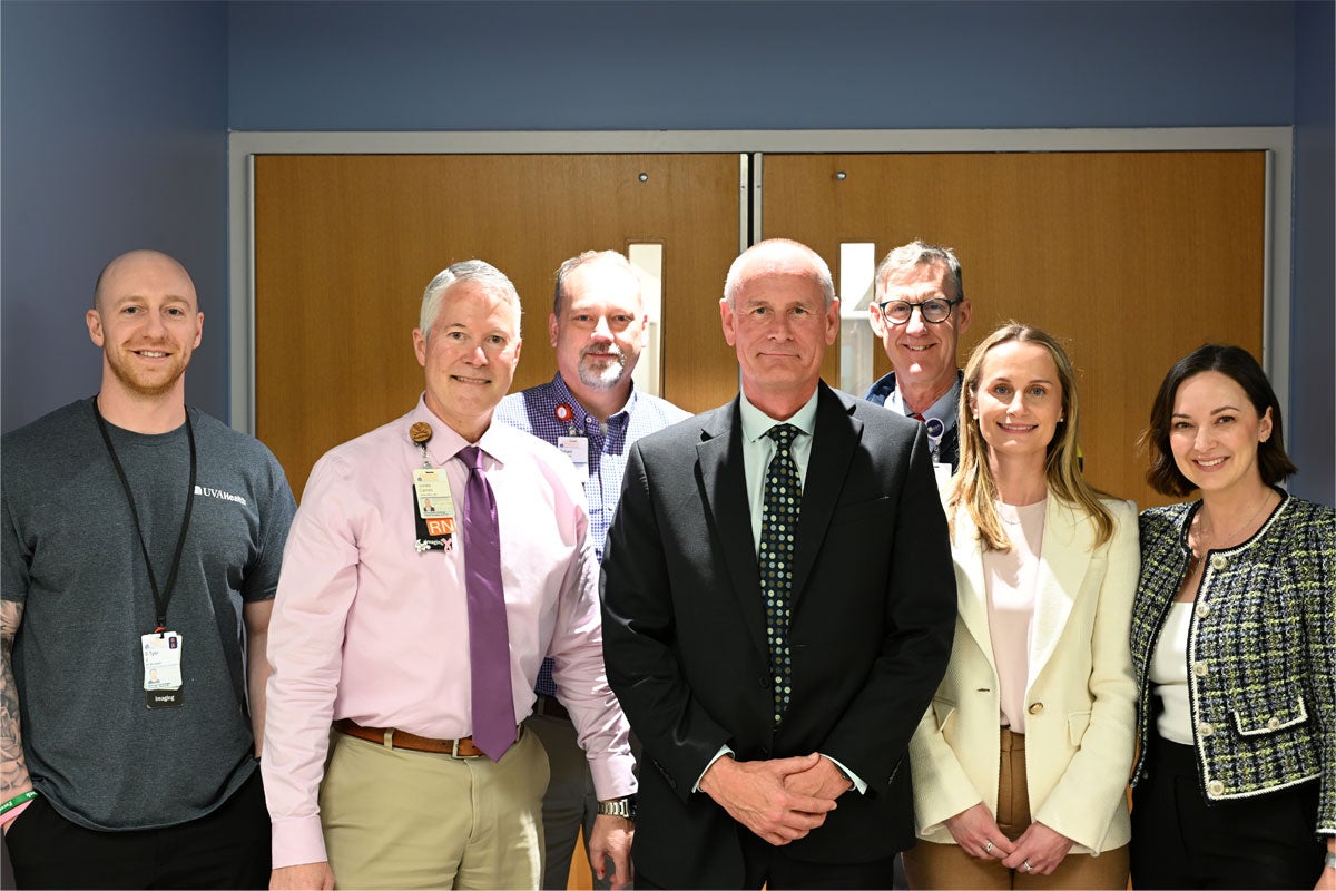Members of UVA Radiology and Siemens Medical (from left): Tyler Johnson, UVA Radiology MRI Imaging Supervisor; James Carnes, RN, UVA Radiology Medical Center Administrator; Rich Hooper, UVA Radiology Director of Inpatient Imaging; Stuart Clarkson, Siemens Medical MRI Area Vice President; Colin Derdeyn, MD, UVA Radiology Chair and Professor; Jessica Barr, Siemens Medical Key Account Executive; and Sara Bremer, Siemens Medical Director of Commercial Operations.