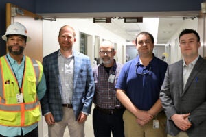 (l-r) Nathaniel Brown, Construction Administration Manager, UVA Capital Construction and Renovation; David Turner, Vice President at Kjellstrom and Lee (general contractor); James Loman, Project Manager, UVA Capital Construction and Renovation; Hunter Durrer, Construction Adminstration Manager, UVA Capital Construction and Renovation; and John Keefe, Project Manager, Kjellstrom and Lee.