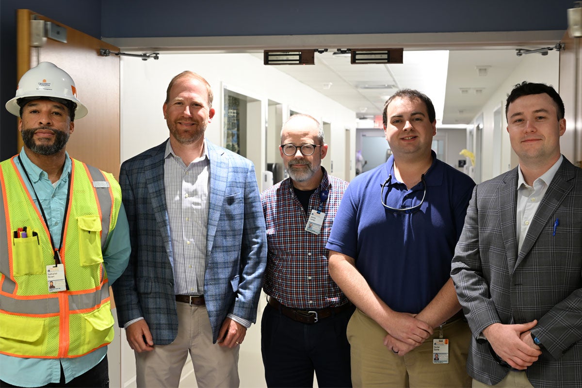 (l-r) Nathaniel Brown, Construction Administration Manager, UVA Capital Construction and Renovation; David Turner, Vice President at Kjellstrom and Lee (general contractor); James Loman, Project Manager, UVA Capital Construction and Renovation; Hunter Durrer, Construction Adminstration Manager, UVA Capital Construction and Renovation; and John Keefe, Project Manager, Kjellstrom and Lee.