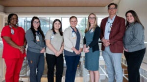 Members of the walk-in injury care team: (From left) Shantasia Wimberly, Kelsey Wolfe, Alexis Kouril, Brooke Benatzky, Sara Rynders, David Weiss, MD, and Kasey Dudley.