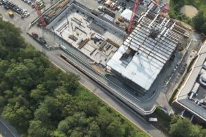 Aerial drone footage of the Manning Institute of Biotechnology site also captures this sequencing. (Photo by Skanska USA, Inc.)