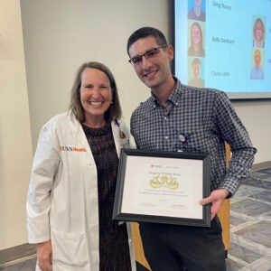 (From left) Meg Keeley, MD, and Greg Busey, recipient of the 2025 Bowman Scholarship