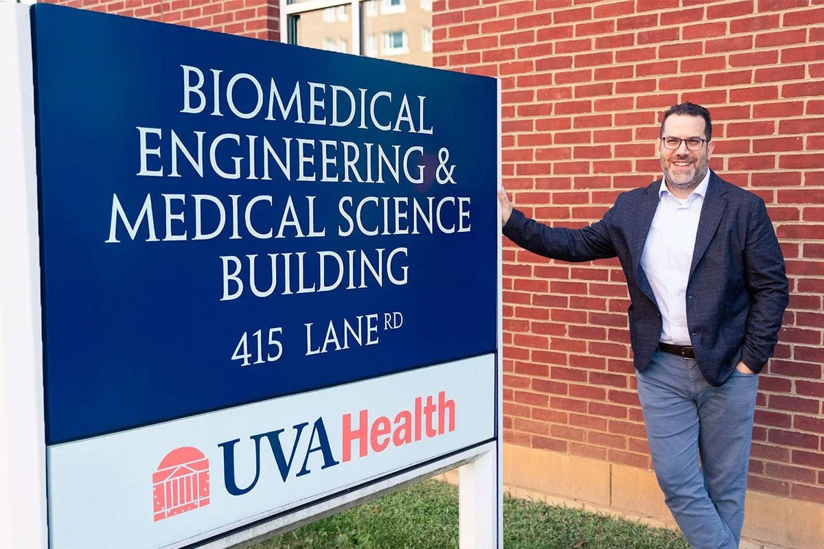 HemoSonics co-founder Francesco Viola visited the University of Virginia — and the building where his entrepreneurial journey began — in September 2025. (Photo by Matt Cosner, UVA Engineering)