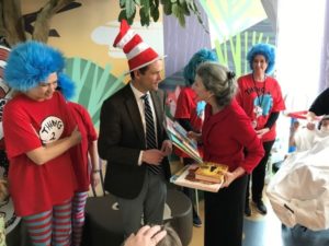 UVA President Jim Ryan in a Dr. Seuss house at the the Children's Hospital