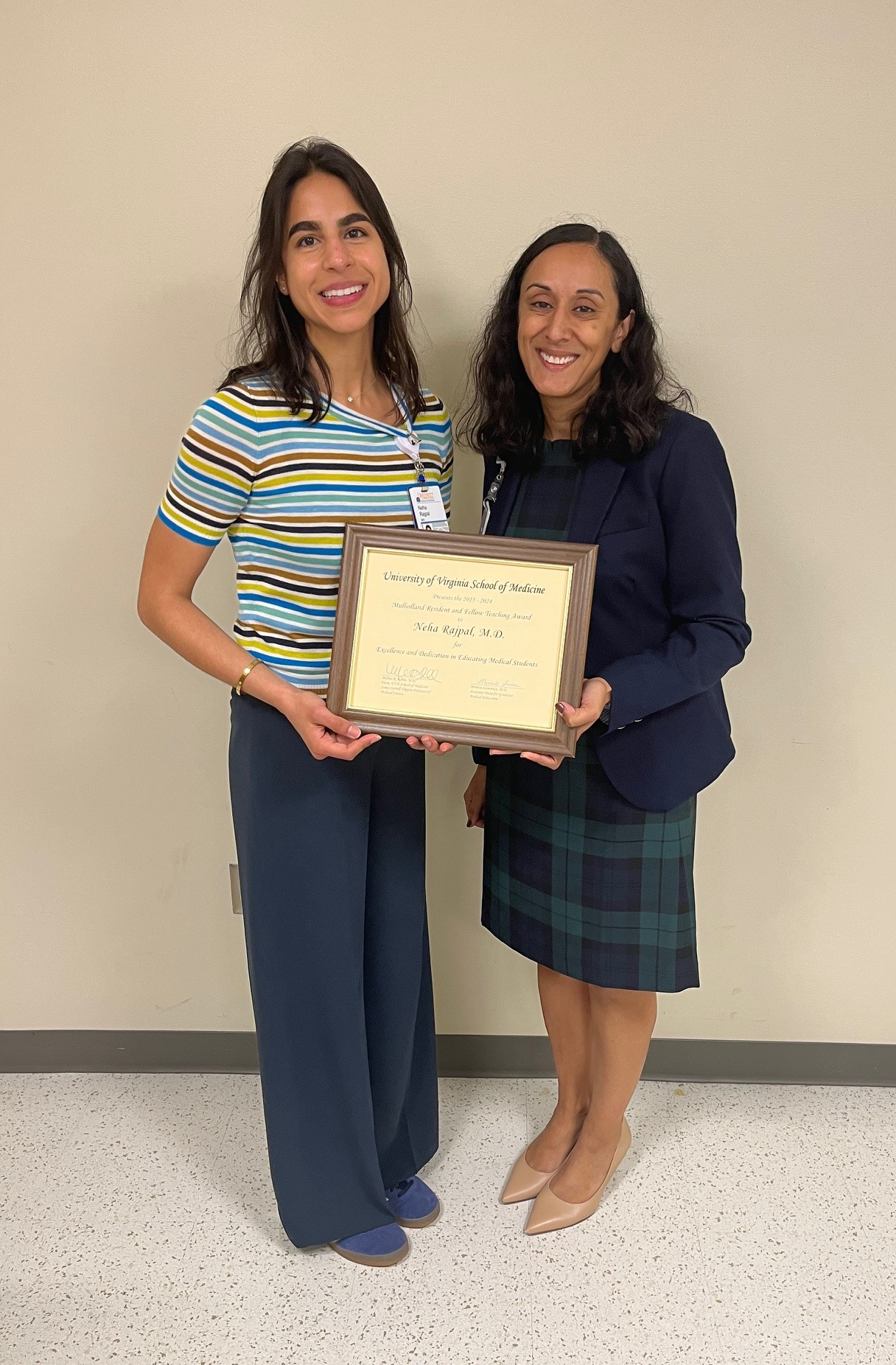 Mullholland Award: From left – Dr. Neja Rajpal and Dr. Monica Lawrence (DIO)